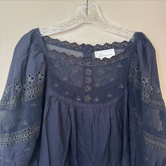 Anthropologie Rare Jaslyn Embroidered Lace Blouse Navy Gold Size Large - Picture 6 of 10